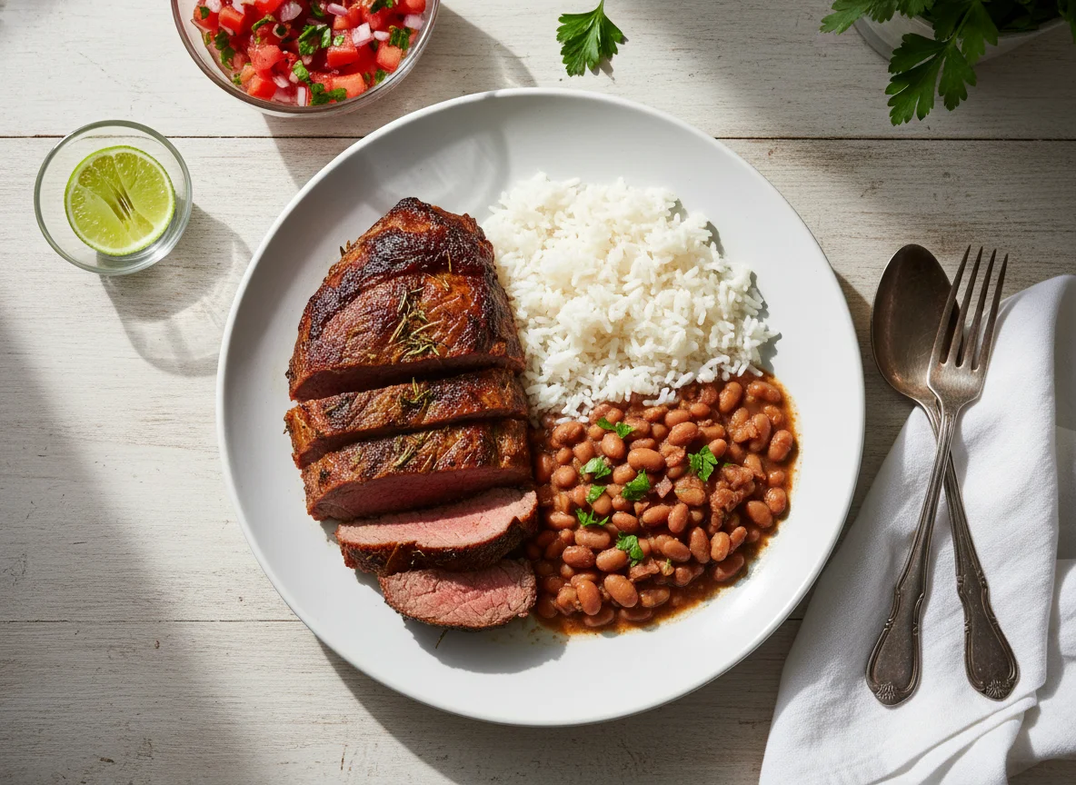 Prato de carne com arroz, feijão e vinagrete photo