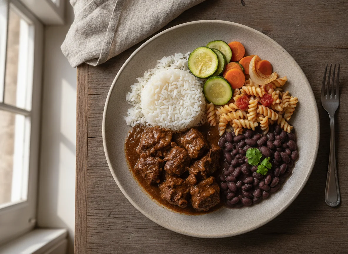 Prato de carne com arroz, feijão, macarrão e legumes photo