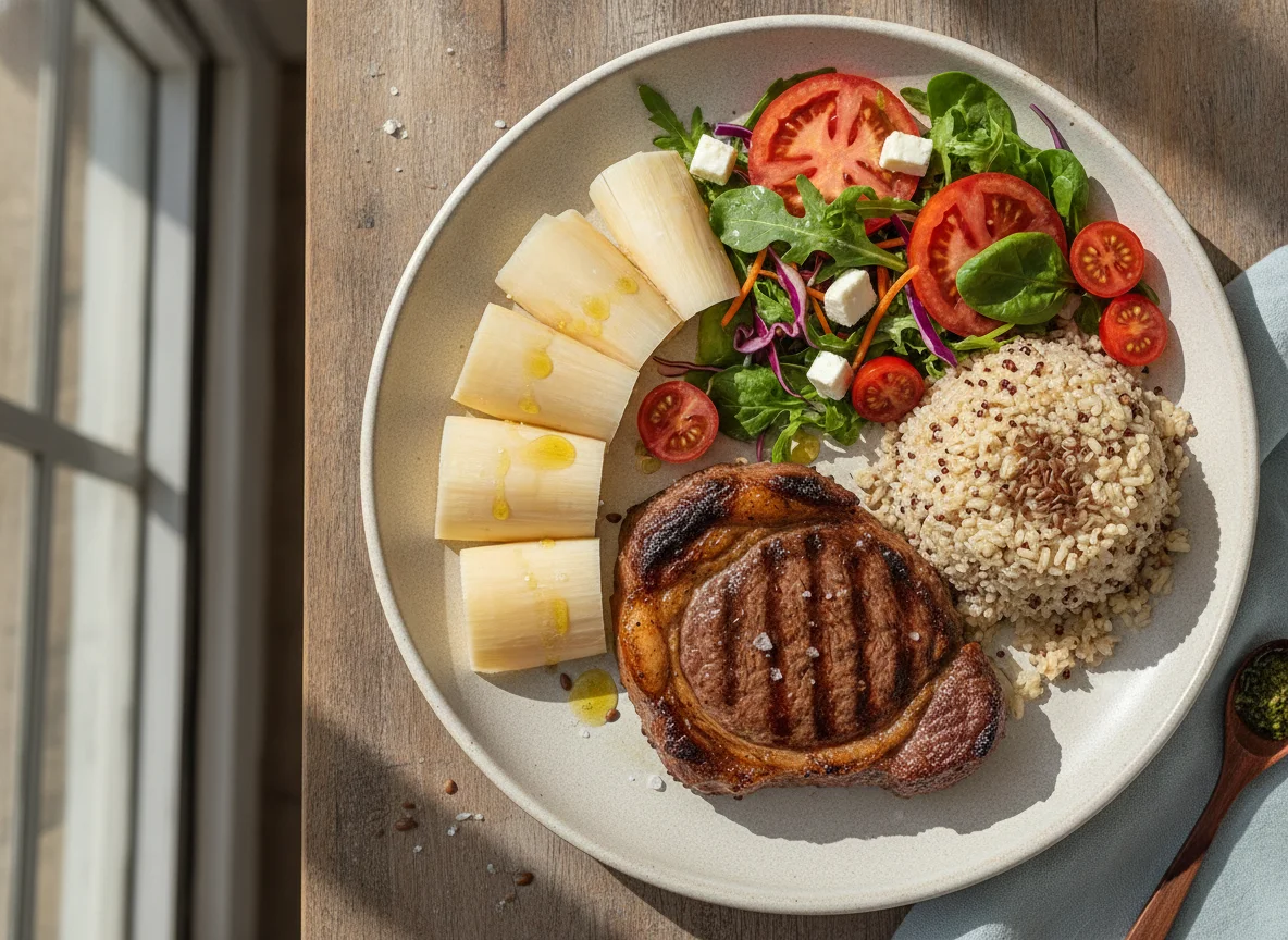 Prato de Carne com Arroz Integral, Palmito e Salada photo
