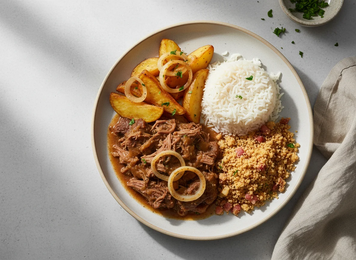 Prato de carne com batatas, arroz e farofa photo