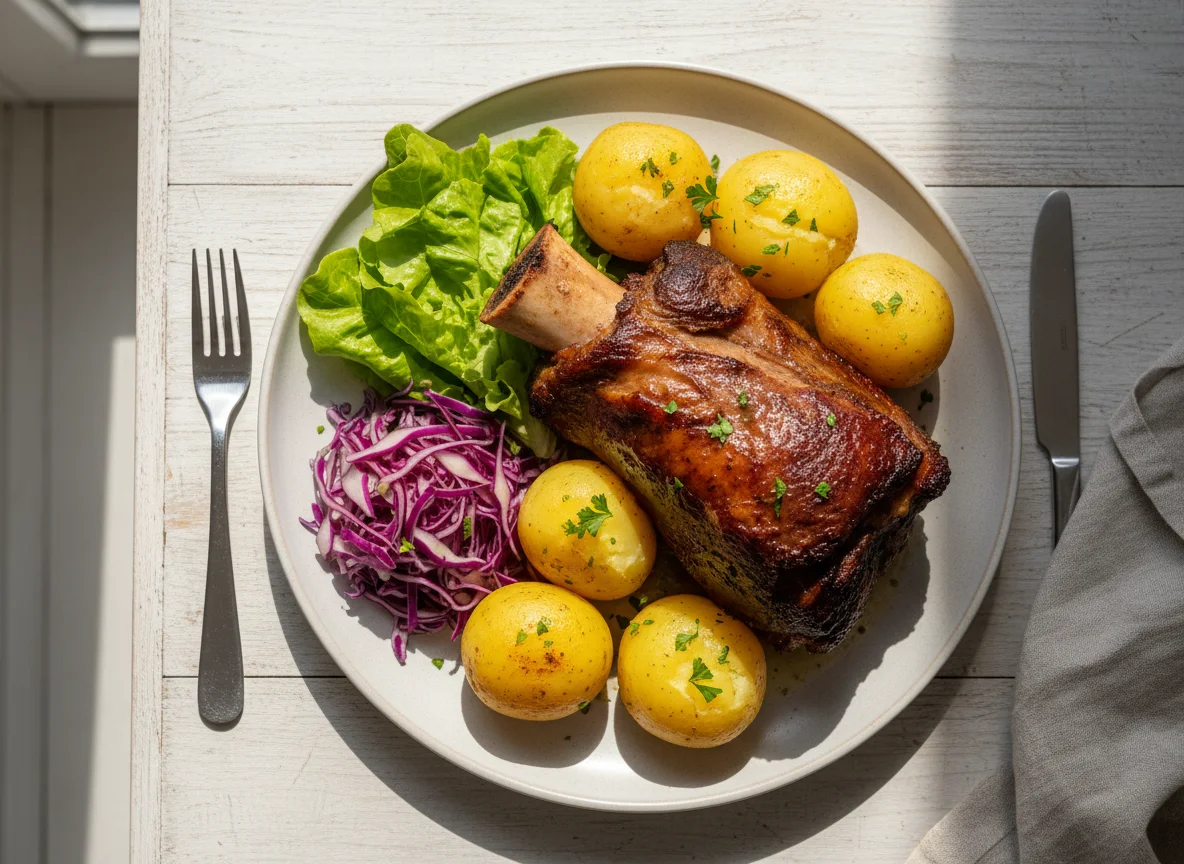 Prato de carne com batatas e salada photo