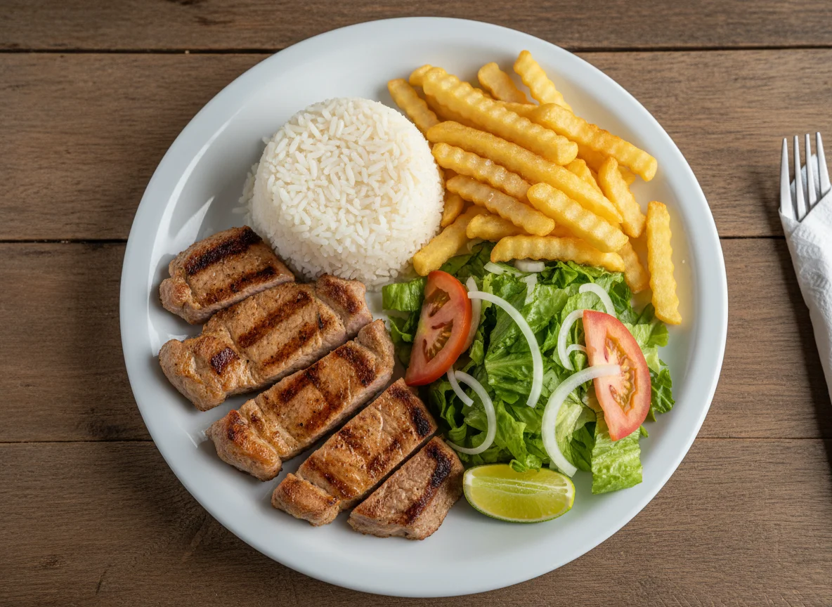 Prato de carne com batatas fritas, arroz e salada photo
