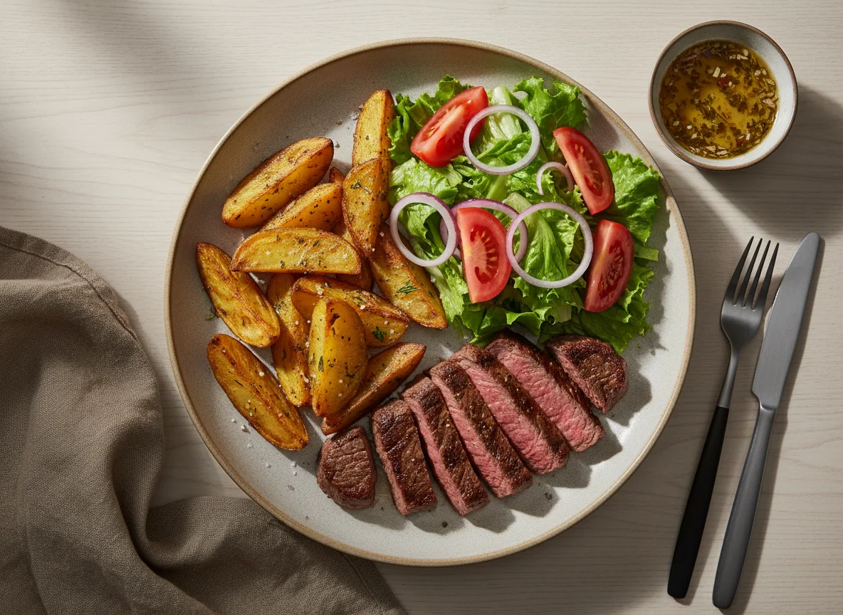 Prato de carne com batatas rústicas e salada photo