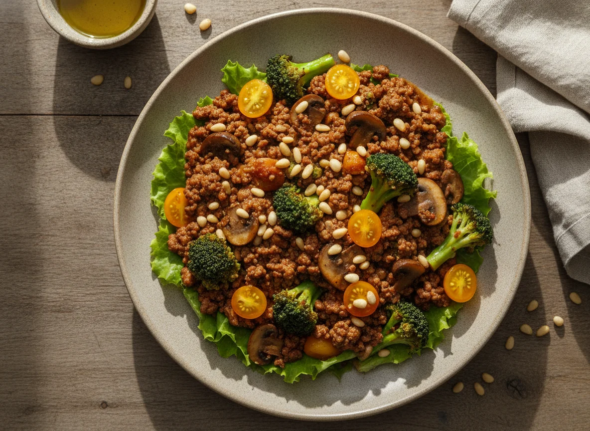 Prato de carne com brócolis, cogumelos e tomate amarelo photo