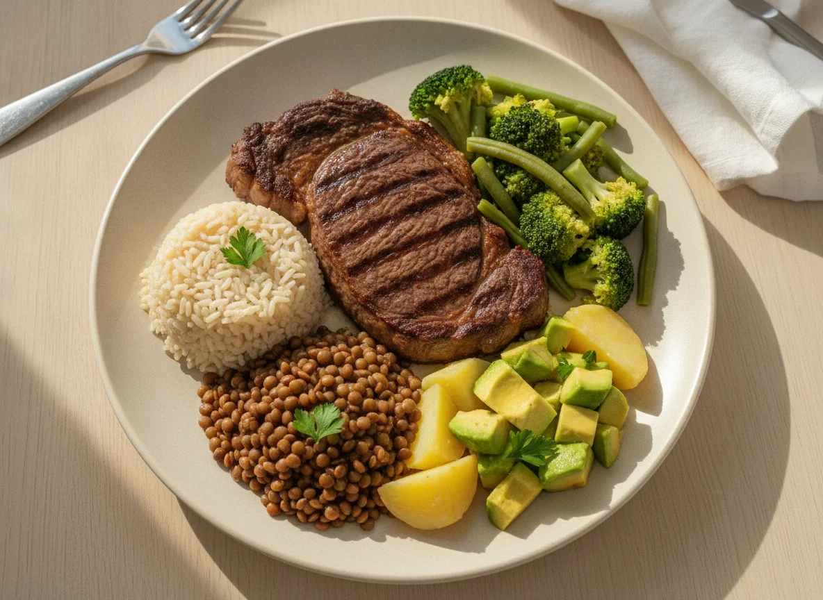 Prato de Carne com Brócolis, Lentilha e Abacate photo