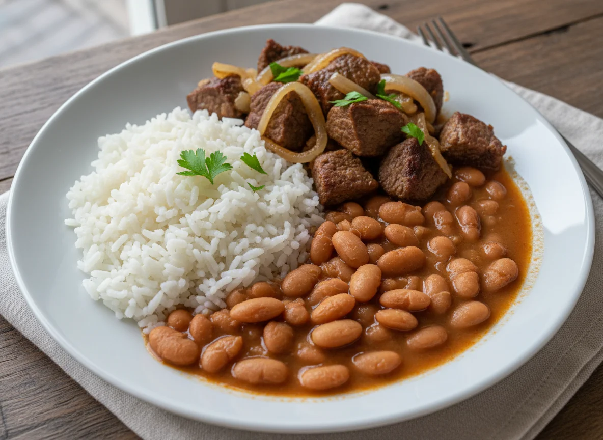 Prato de carne com cebola, arroz e feijão photo