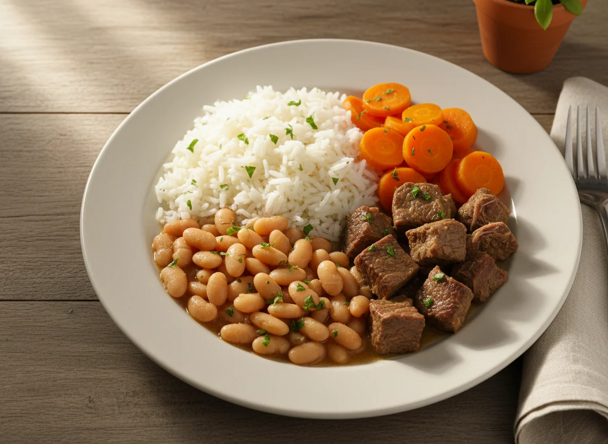 Prato de carne com feijão, arroz e cenoura photo