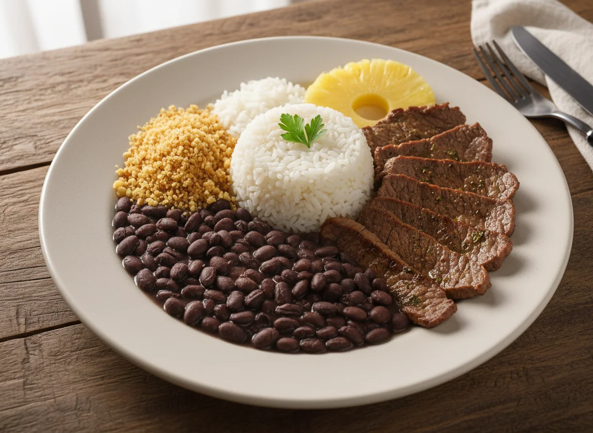 Prato de carne com feijão, arroz e farofa photo
