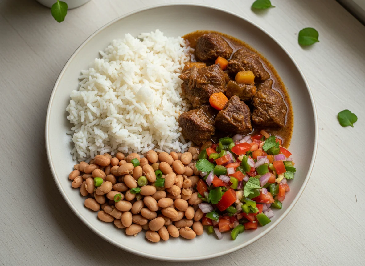 Prato de carne com feijão, arroz e vinagrete photo