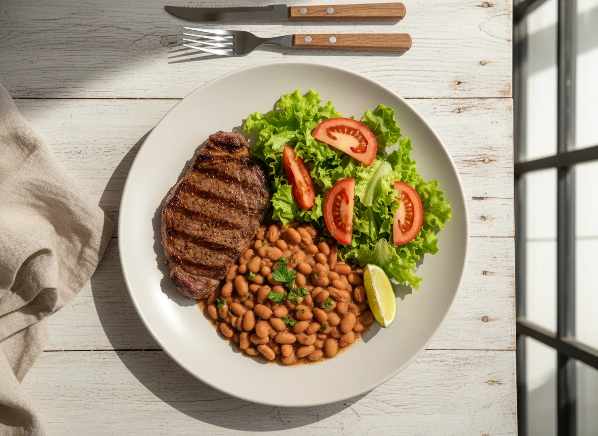 Prato de carne com feijão e salada photo