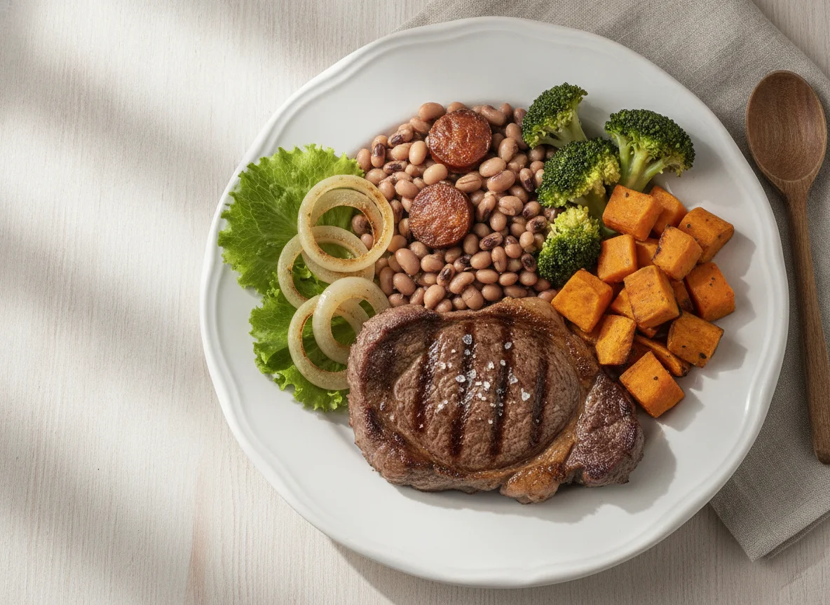 Prato de carne com feijão e vegetais photo