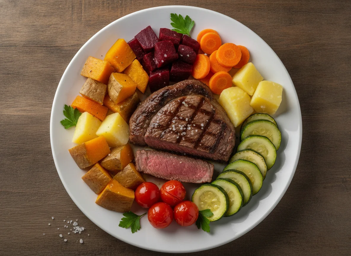 Prato de carne com legumes cozidos photo