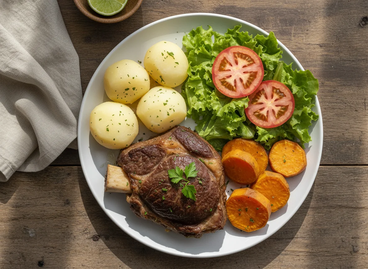 Prato de carne com legumes e salada photo