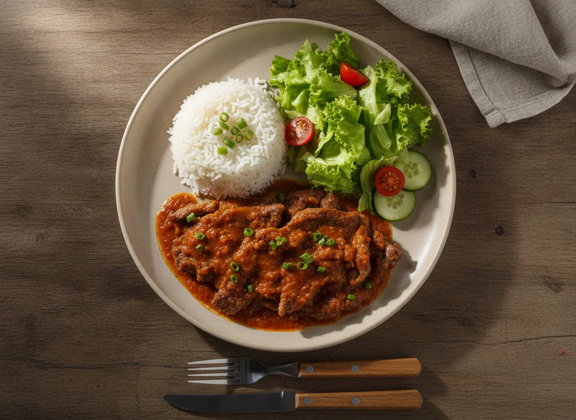 Prato de carne com molho, arroz e salada photo