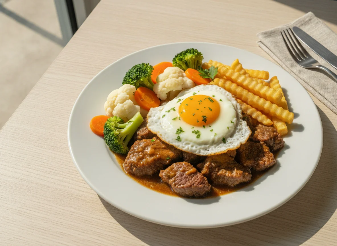 Prato de carne com ovo e vegetais photo