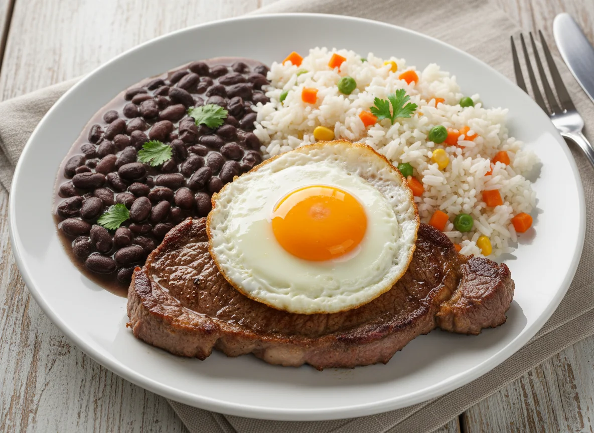 Prato de carne com ovo, feijão e arroz photo