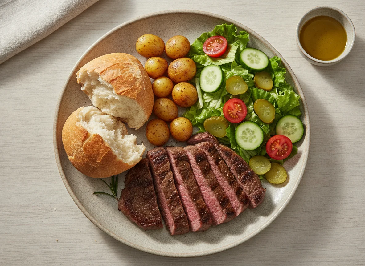 Prato de carne com pão e salada photo