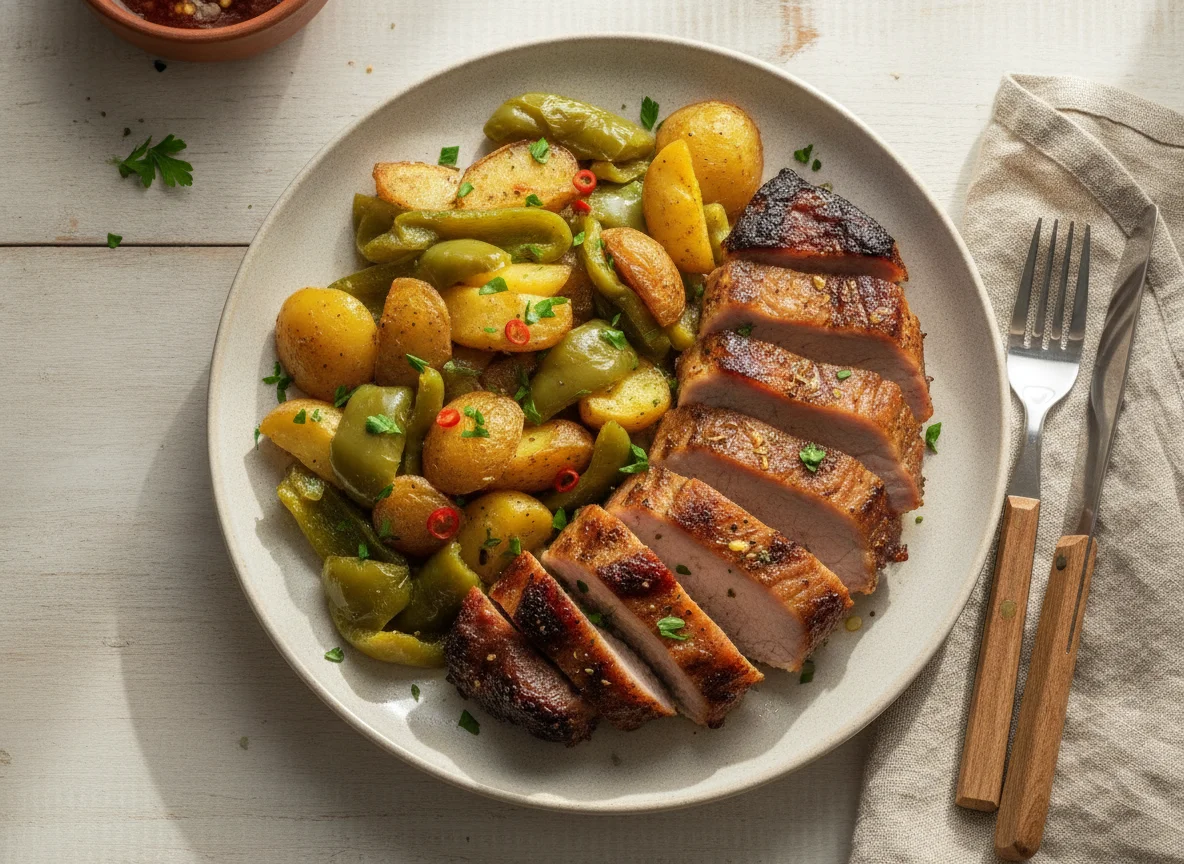 Prato de carne com pimentão e batatas photo