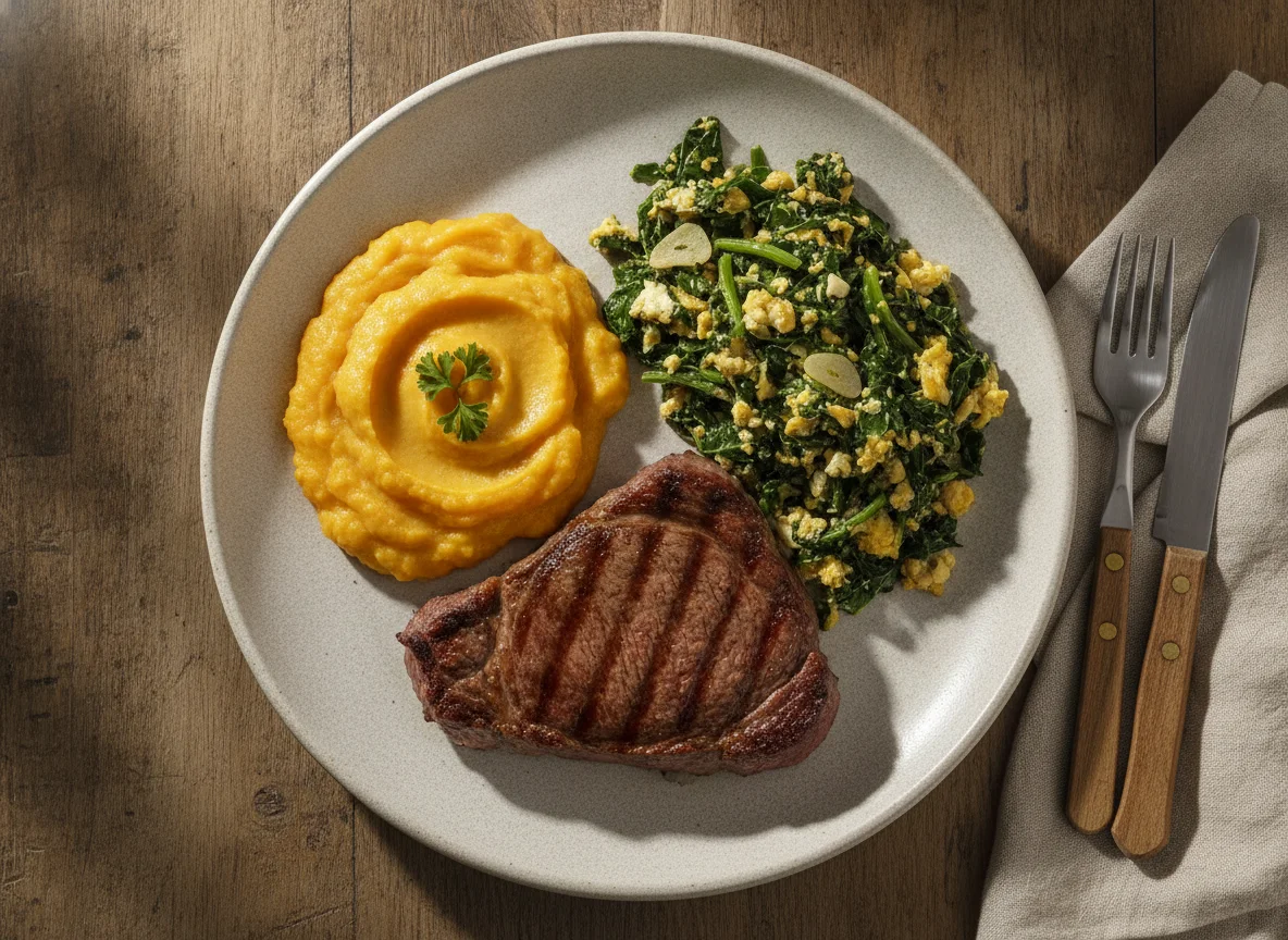 Prato de carne com purê de abóbora e refogado de couve photo