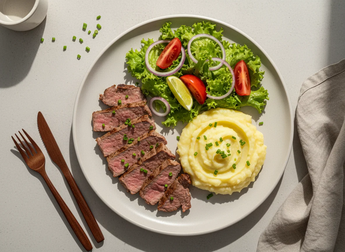 Prato de carne com purê e salada photo