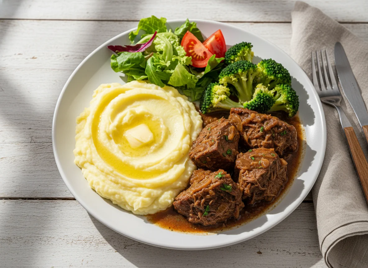 Prato de carne com purê e vegetais photo