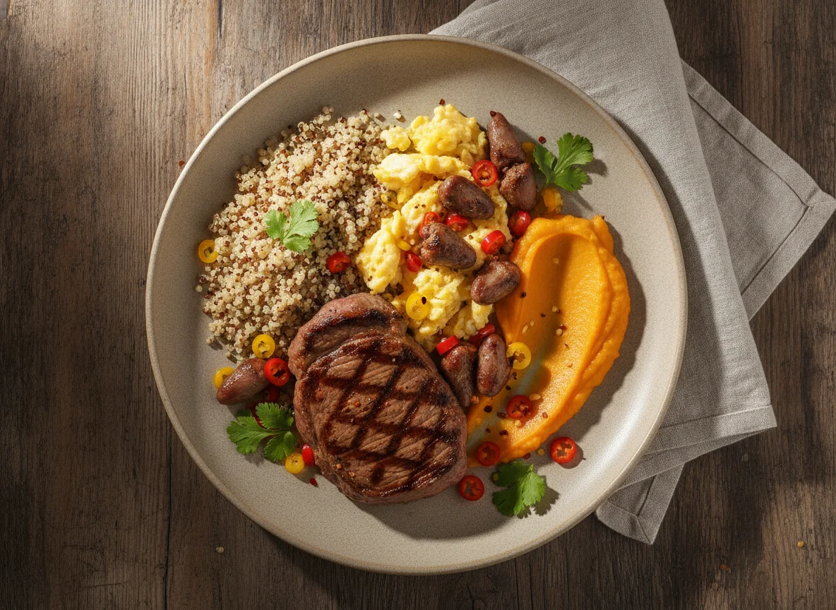 Prato de Carne com Quinoa e Ovos Mexidos photo
