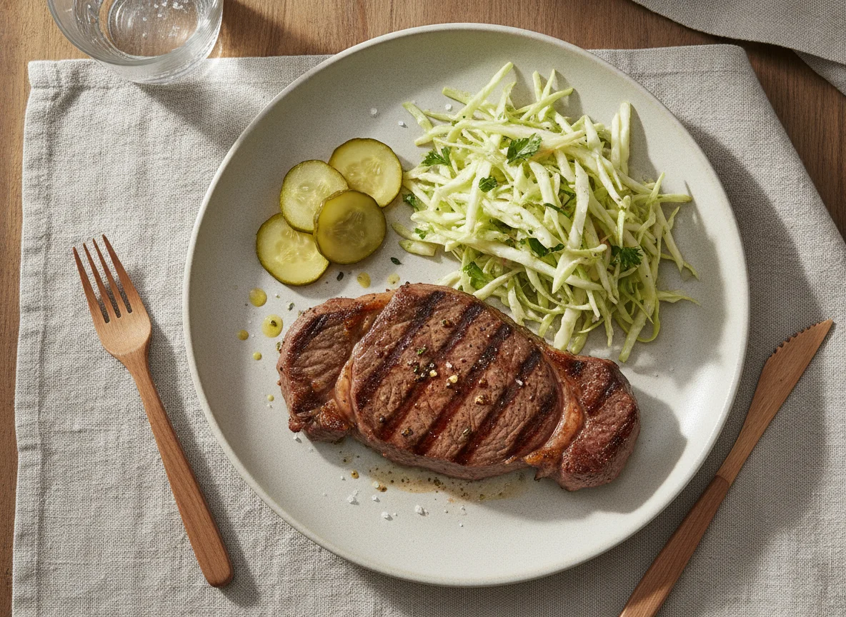 Prato de carne com salada de repolho e picles photo