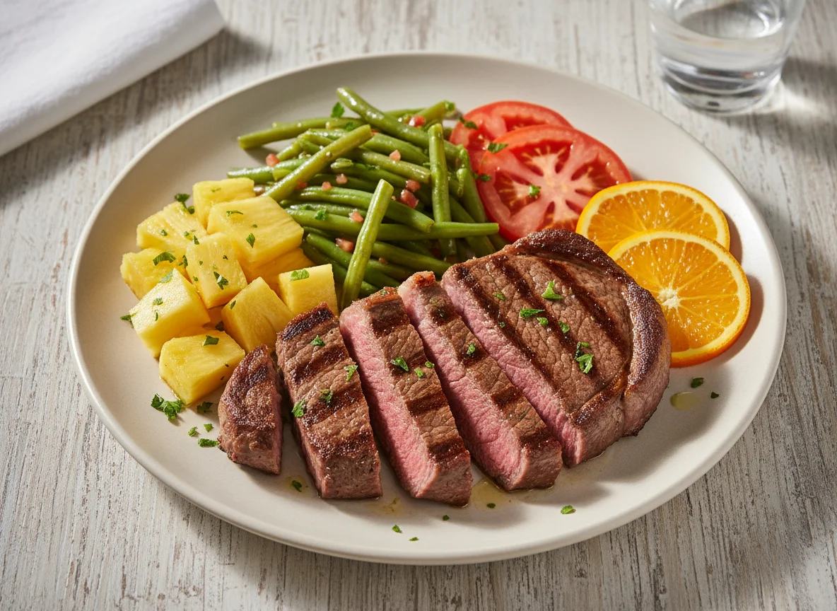 Prato de carne com salada e frutas photo