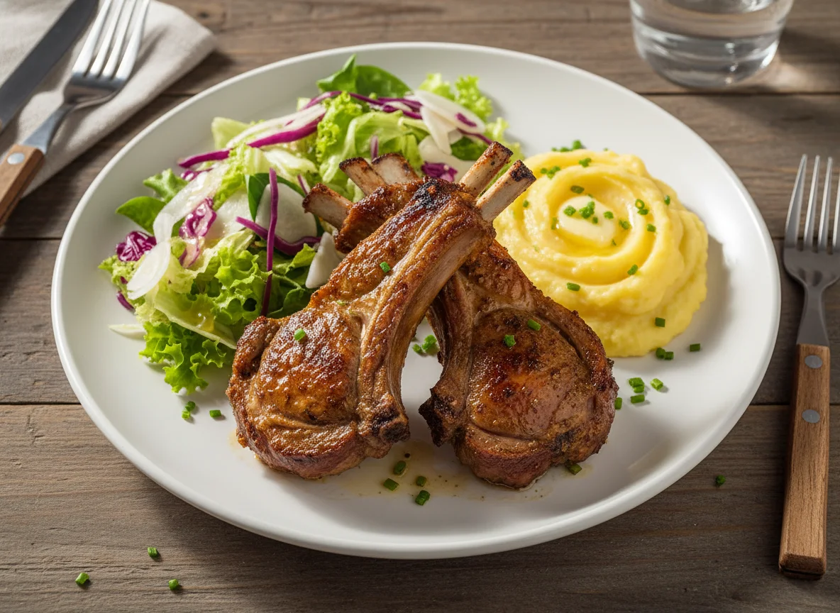 Prato de carne com salada e purê photo