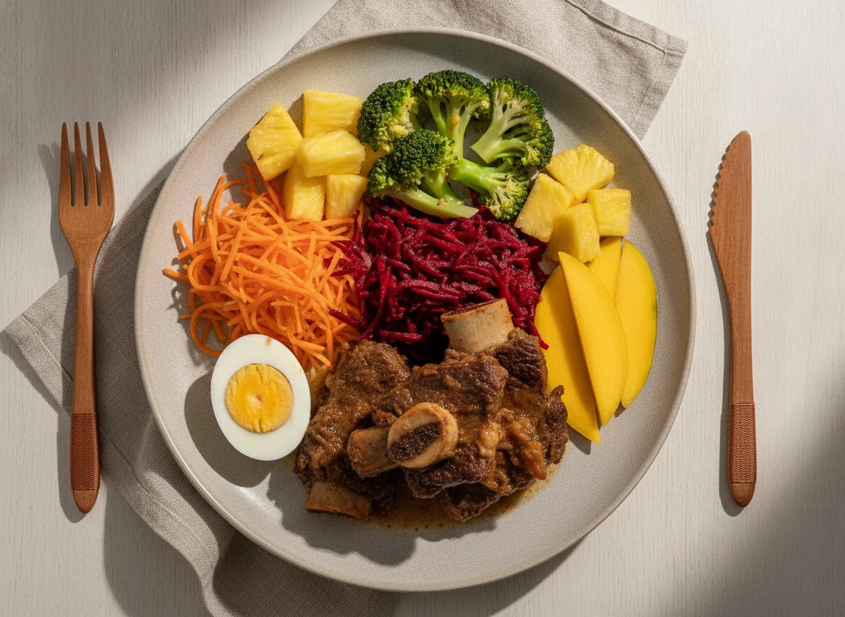 Prato de carne cozida com salada e frutas photo