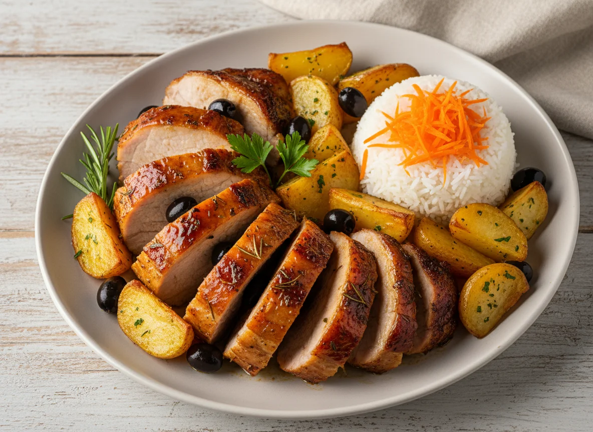 Prato de carne de porco assada com batatas e arroz photo