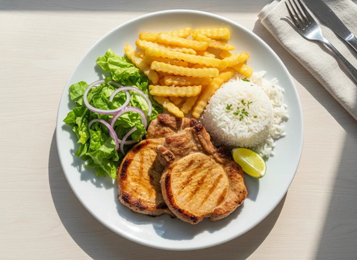 Prato de carne de porco com arroz, batatas fritas e salada photo