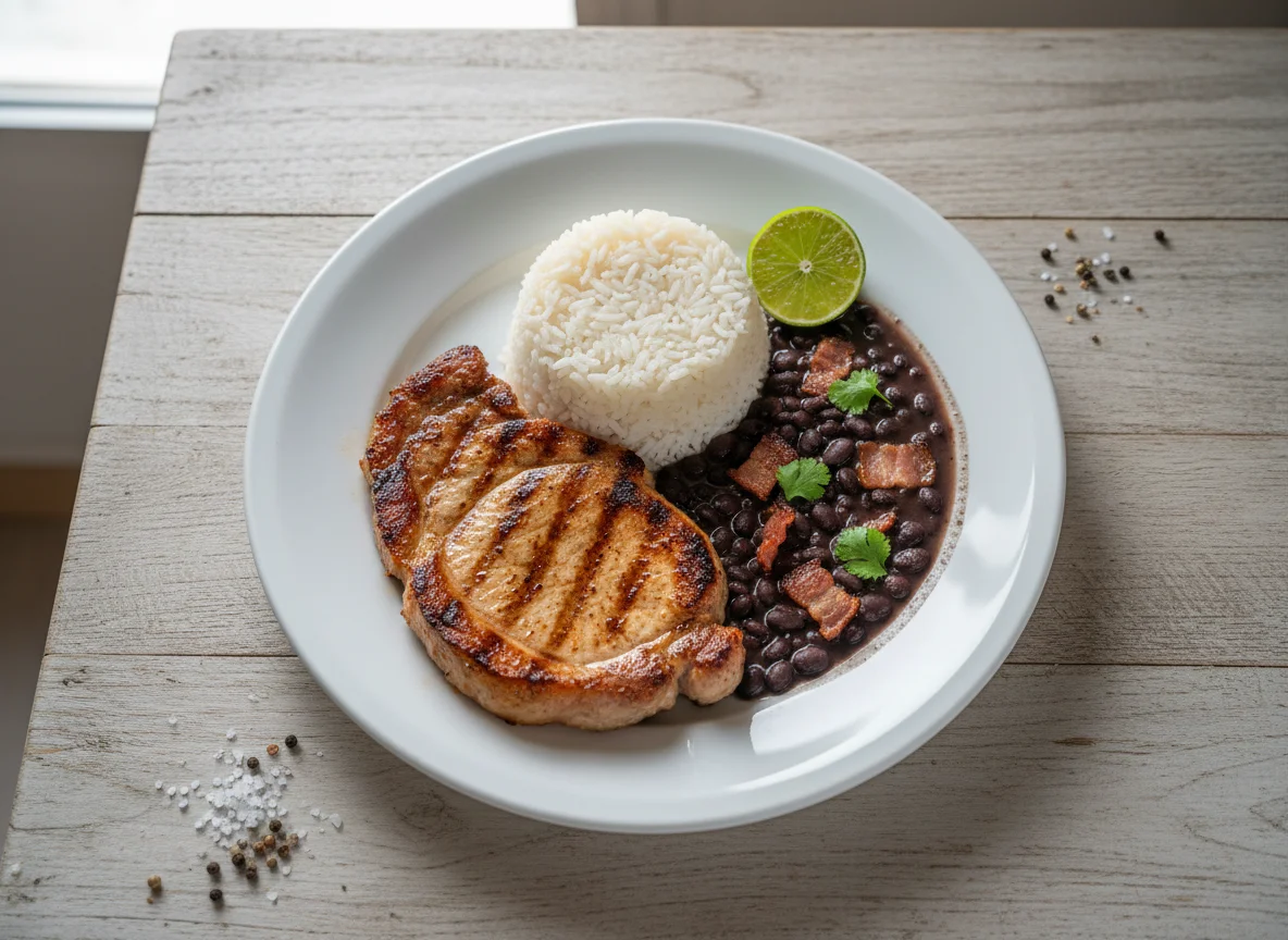 Prato de carne de porco com arroz e feijão photo