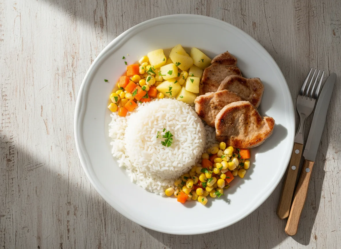 Prato de carne de porco com arroz e legumes photo