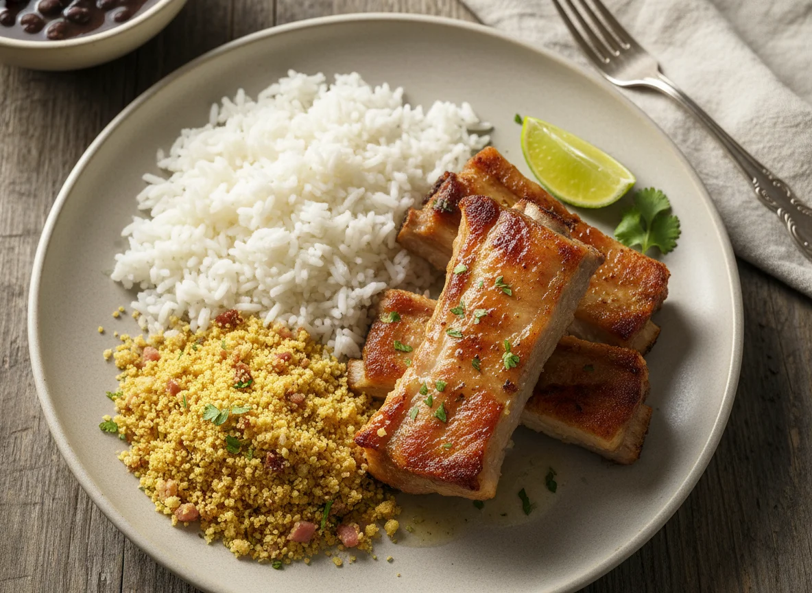 Prato de carne de porco com arroz, farofa e feijão photo