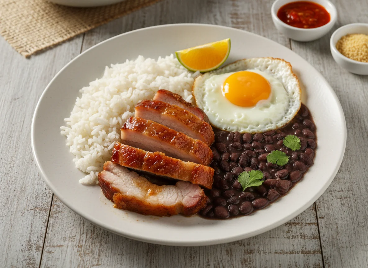 Prato de carne de porco com arroz, feijão e ovo photo