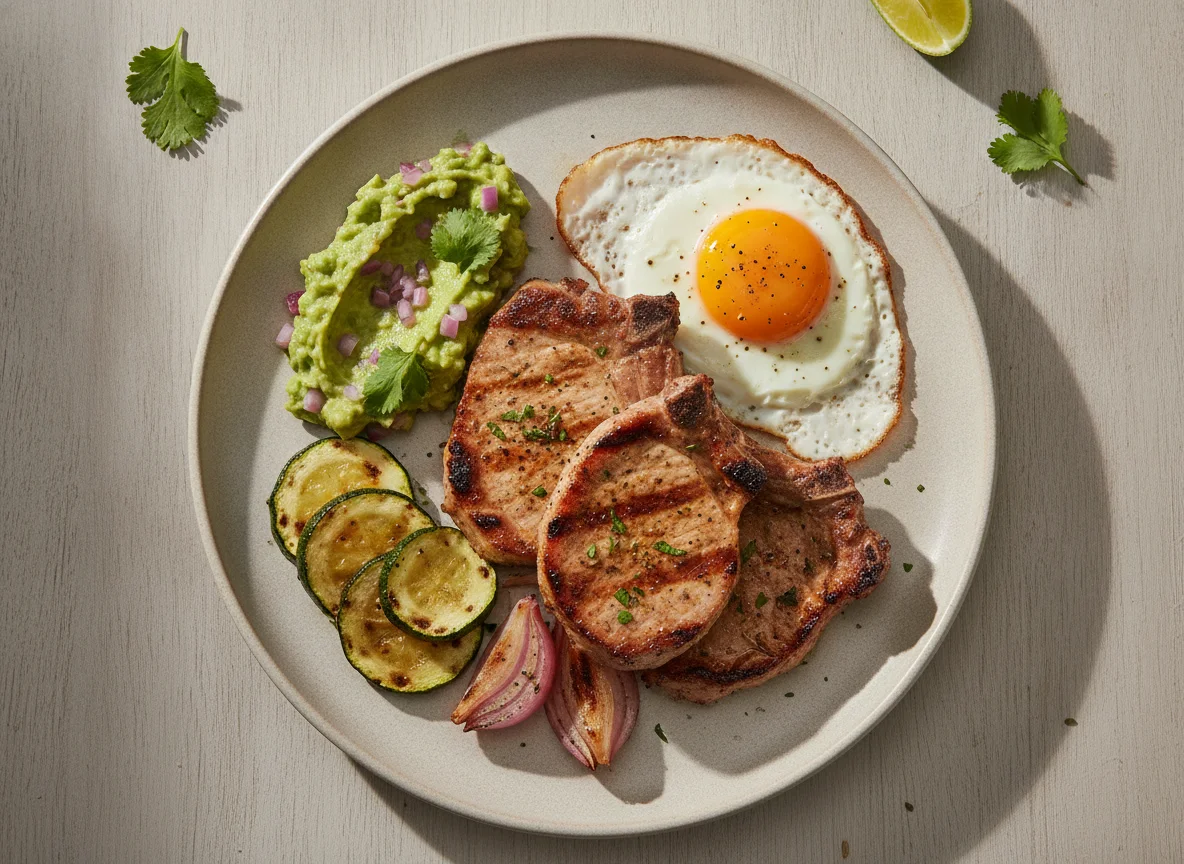 Prato de Carne de Porco com Ovo e Guacamole photo