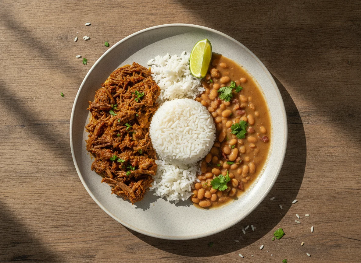Prato de carne desfiada, feijão e arroz photo