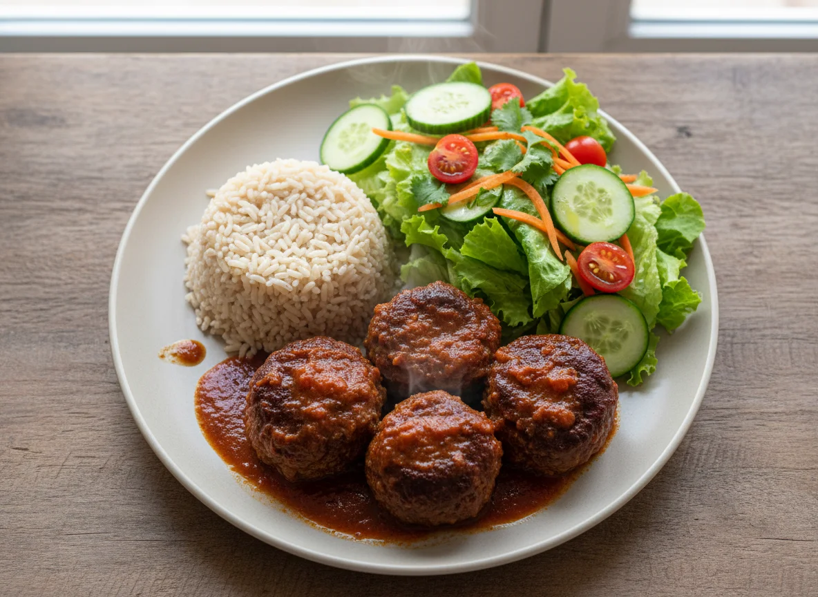 Prato de carne enrolada com arroz e salada photo