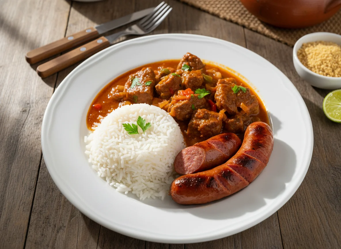 Prato de carne ensopada com arroz e linguiça photo