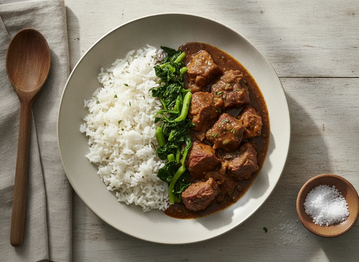 Prato de carne estufada com arroz e grelos photo