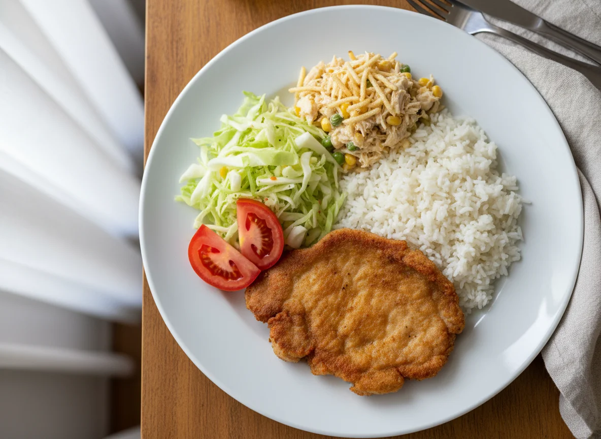 Prato de carne frita com arroz, salada e salpicão photo