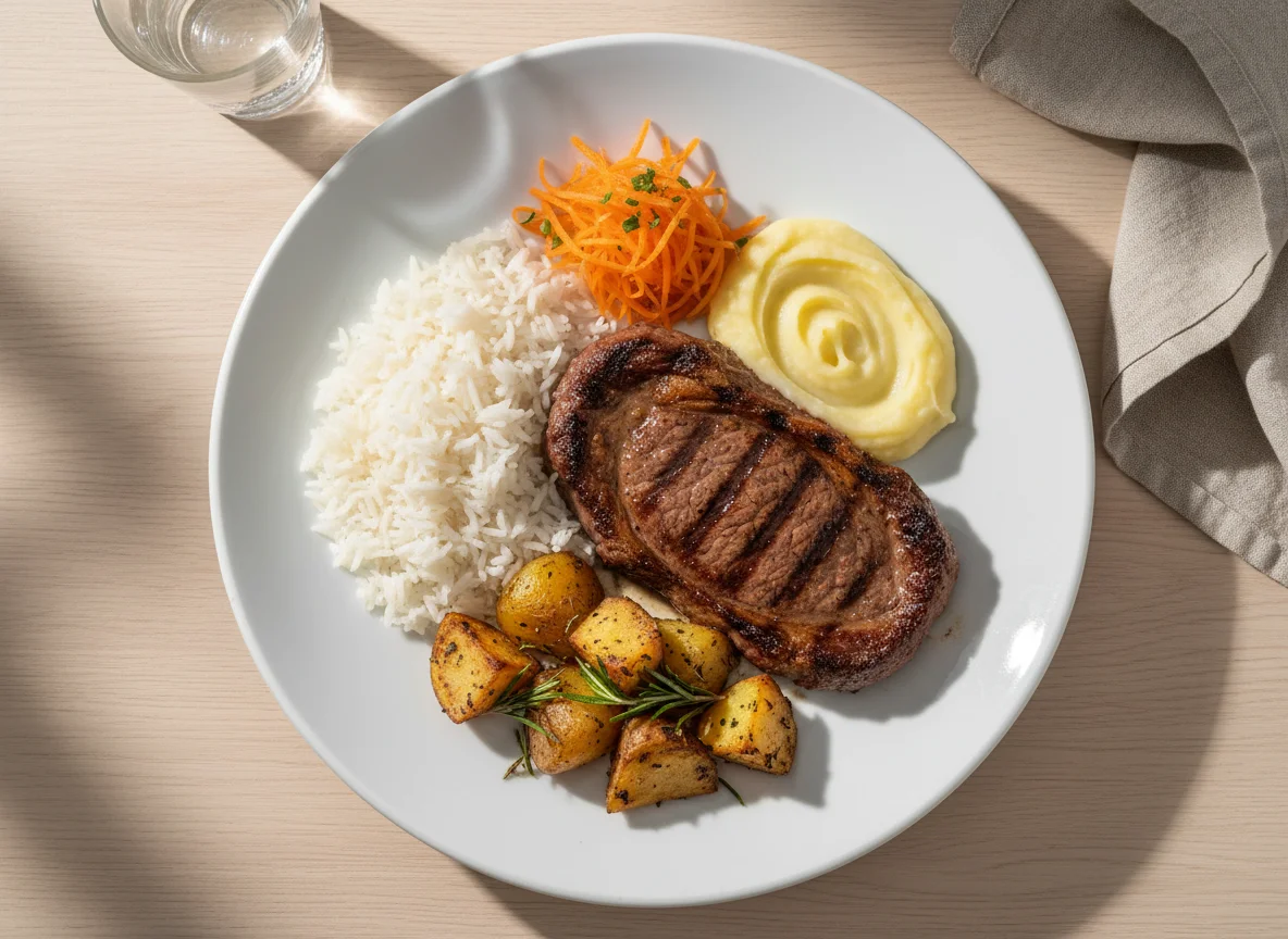 Prato de carne grelhada com acompanhamentos photo