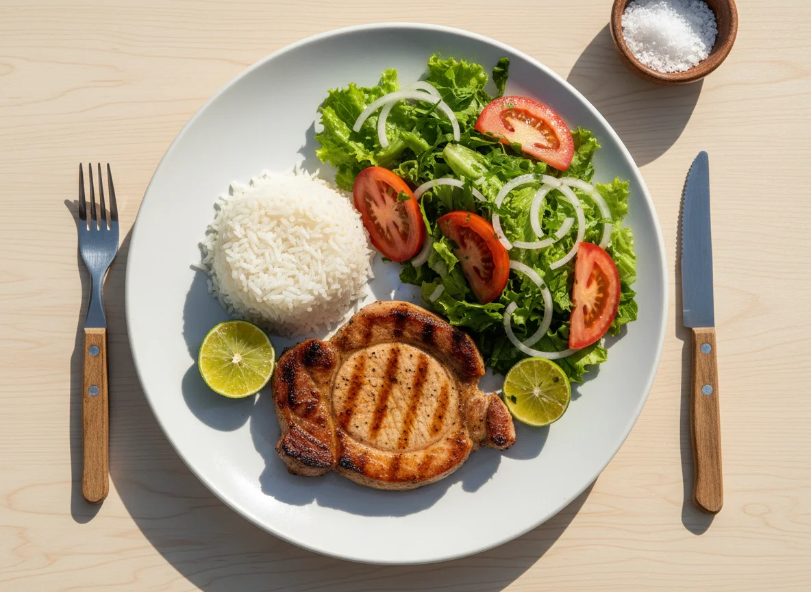 Prato de carne grelhada com arroz e salada photo