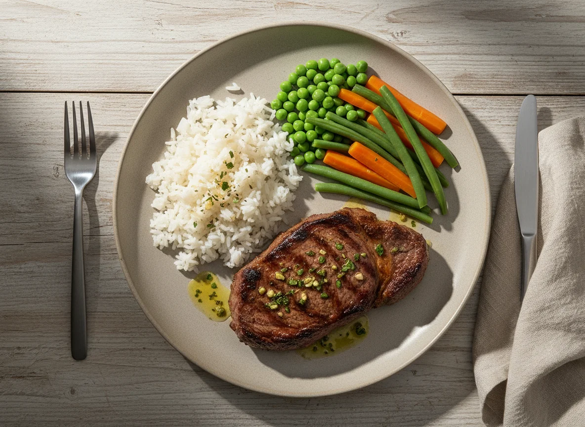 Prato de carne grelhada com arroz e vegetais photo