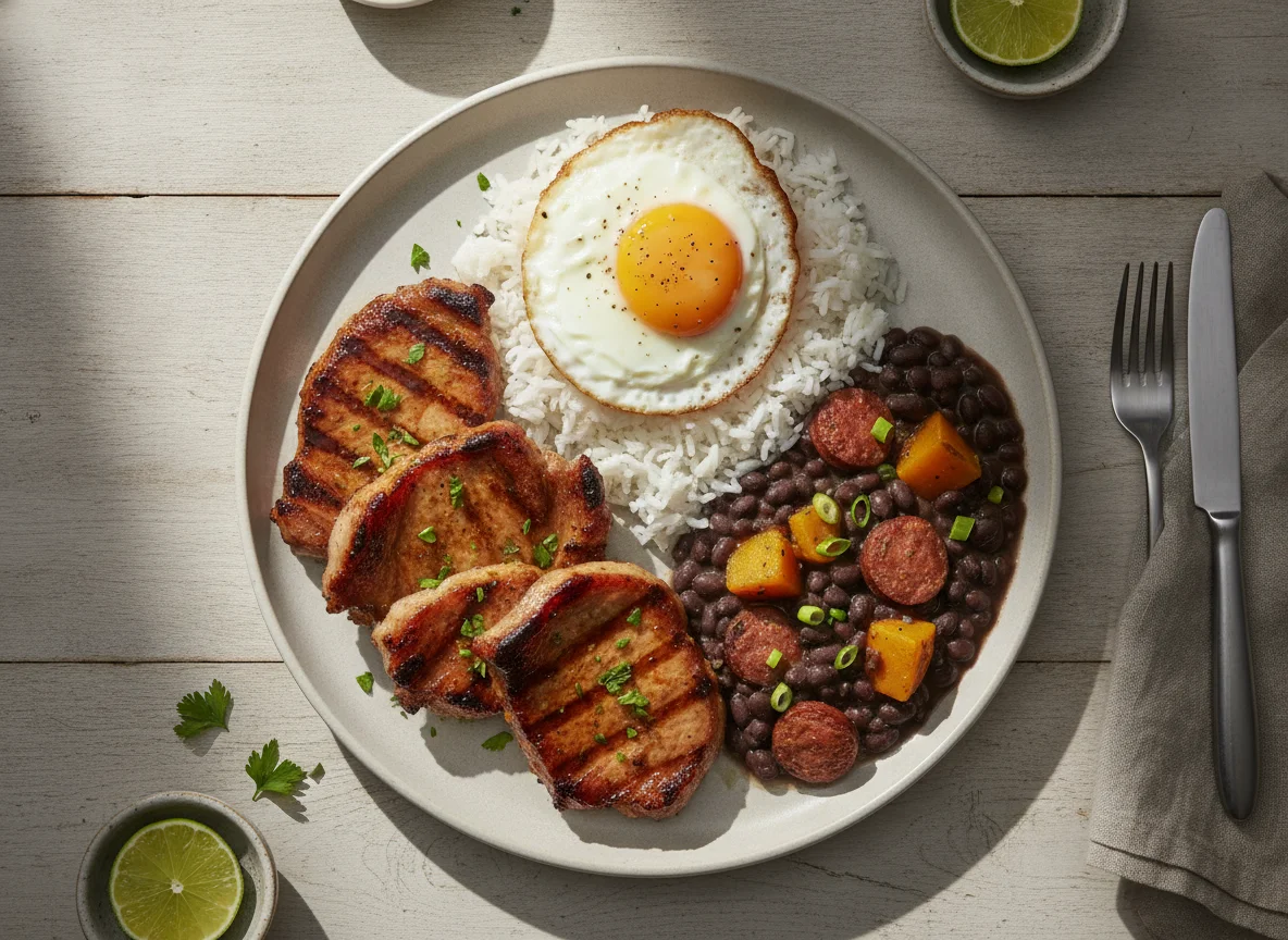 Prato de carne grelhada com feijão e arroz photo