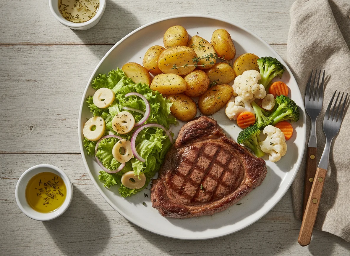 Prato de Carne Grelhada com Legumes e Salada photo