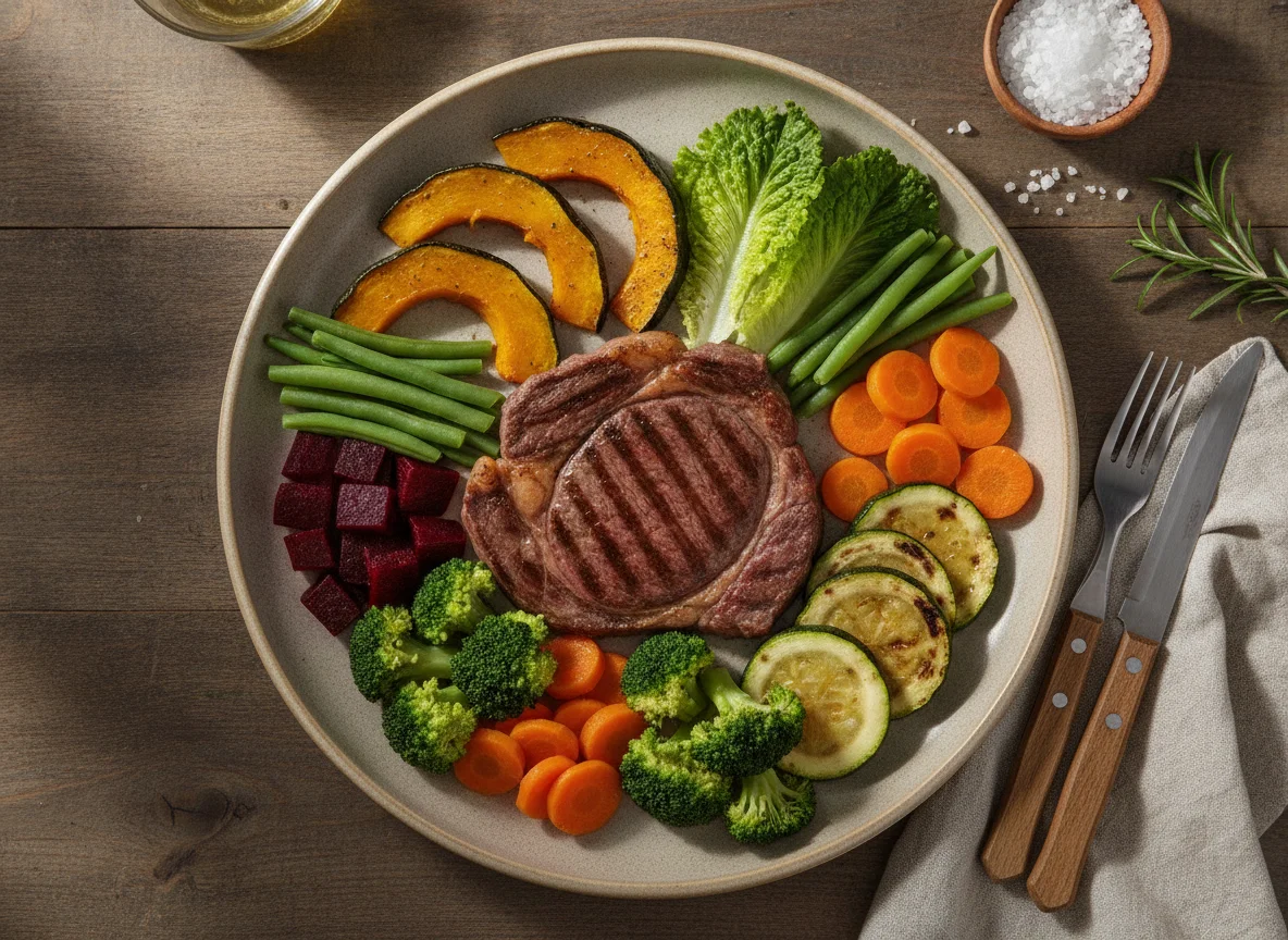 Prato de Carne Grelhada com Legumes Variados photo