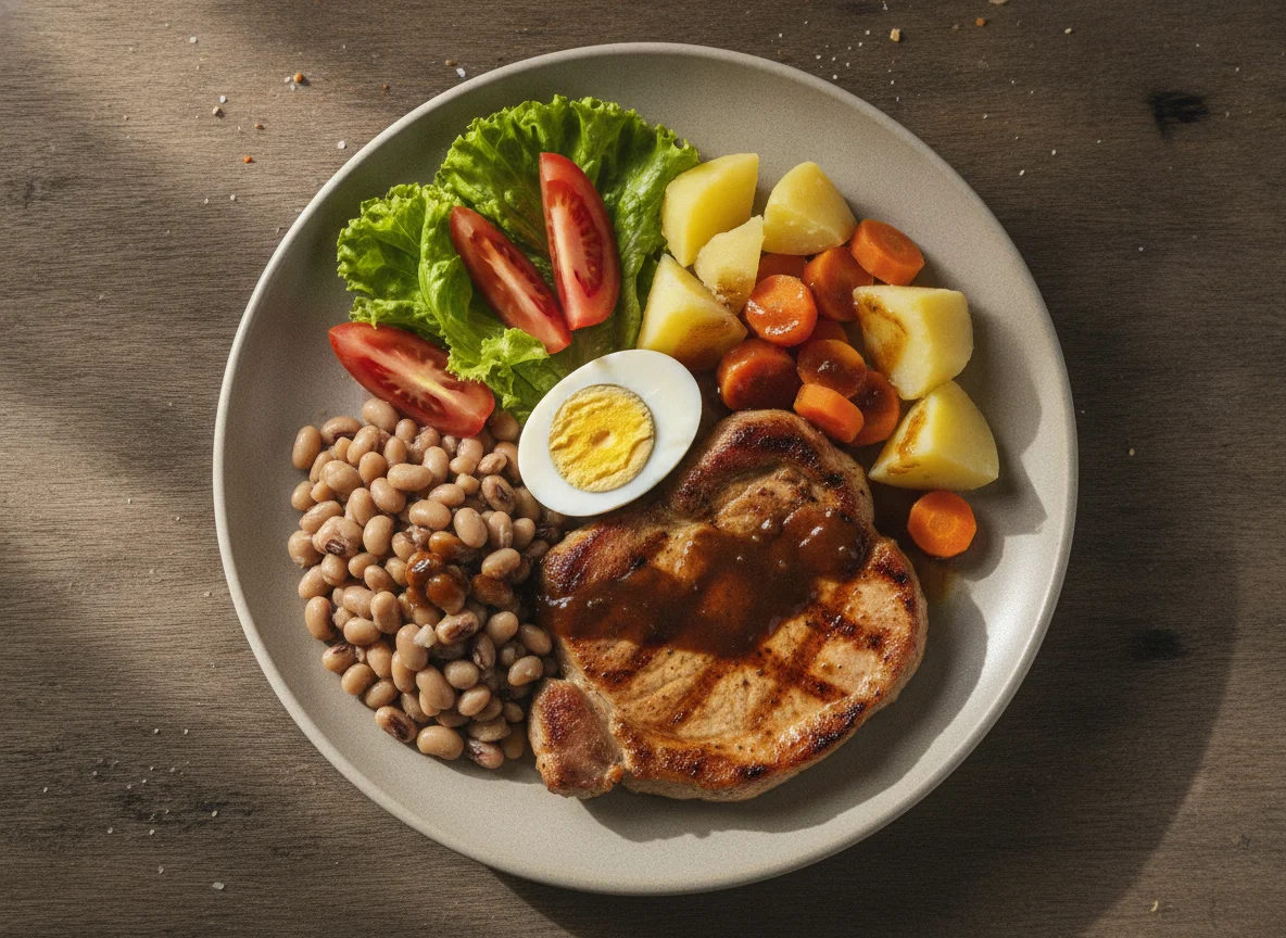 Prato de carne grelhada com ovo e vegetais photo