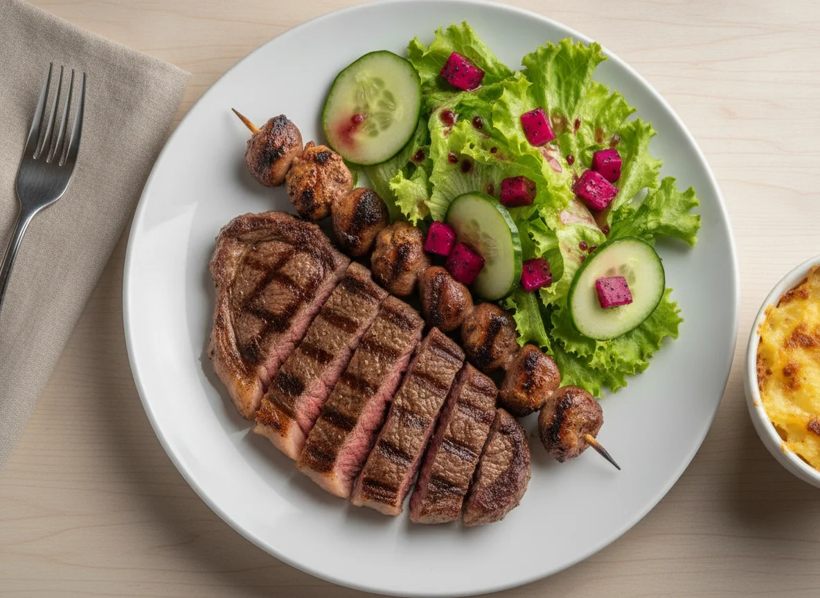 Prato de Carne Grelhada com Salada e Acompanhamentos photo